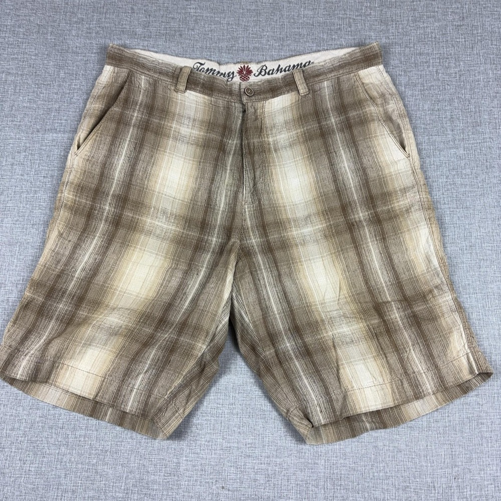 Tommy Bahama Shorts Mens 36 Beige Linen Silk Bermuda Pleated Chino 9 Inseam